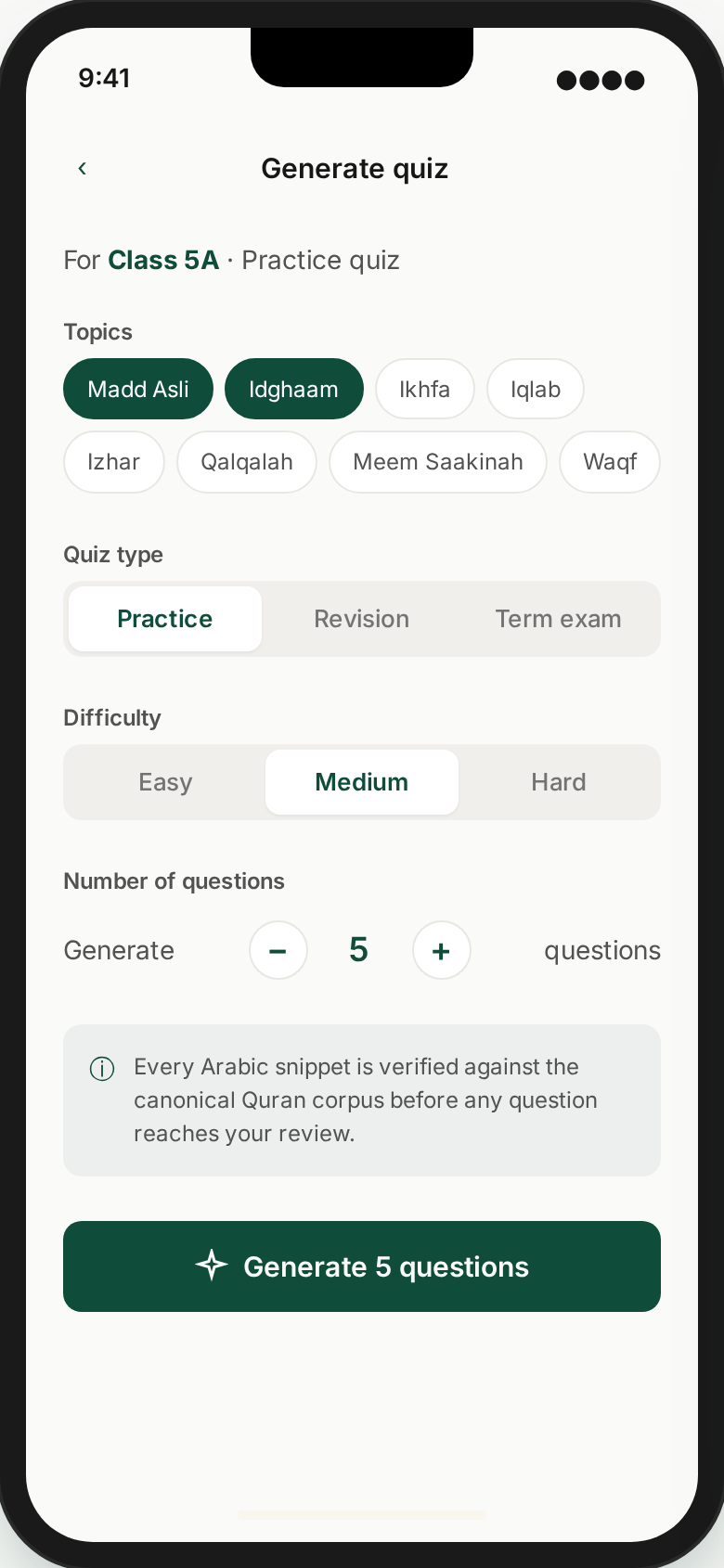 Itqan generate-quiz screen with Tajweed topics, difficulty and question count