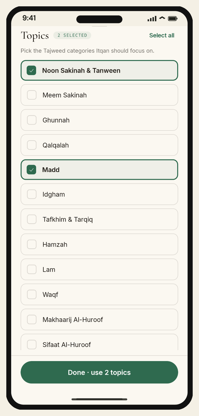 Itqan topic picker listing Tajweed categories such as Noon Sakinah & Tanween, Ghunnah and Madd, with two selected